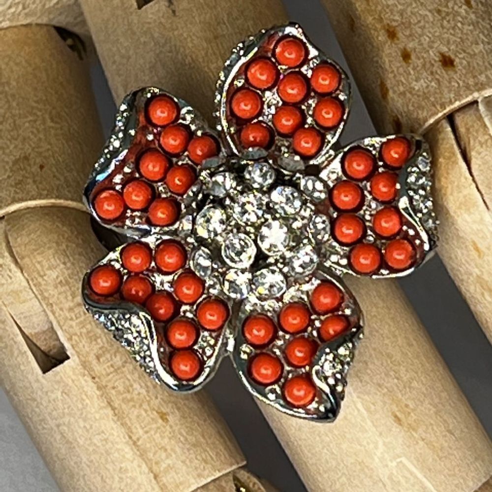 Y2K Orange bead and rhinestone on silver tone large statement ring